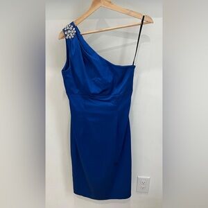Calvin Klein Blue Satin One Shoulder Cocktail Dress